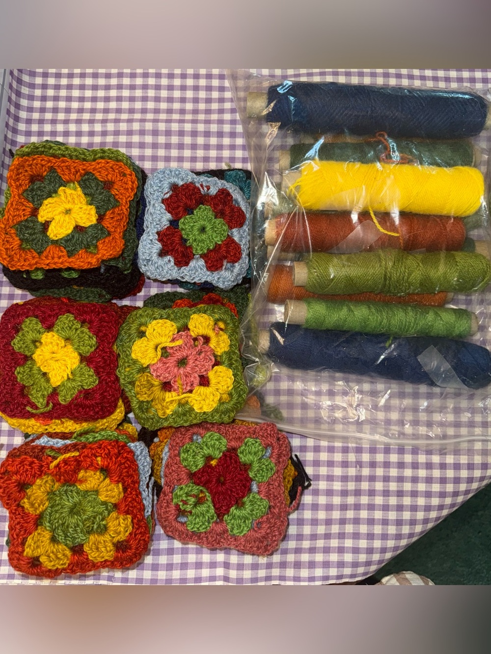 Handmade Multicolor Crochet Granny Squares with Yarn Bundle